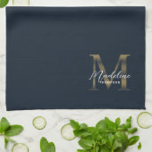 Elegant Script Metaal Navy Blauw Goud Monogram Theedoek (Gevouwen)