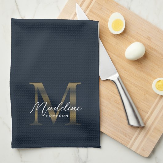 Elegant Script Metaal Navy Blauw Goud Monogram Theedoek (Quarter Fold)