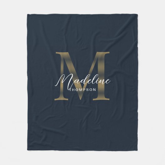 Elegant Script Metallic Navy Blue Gold Monogram Fleece Deken (Voorkant)