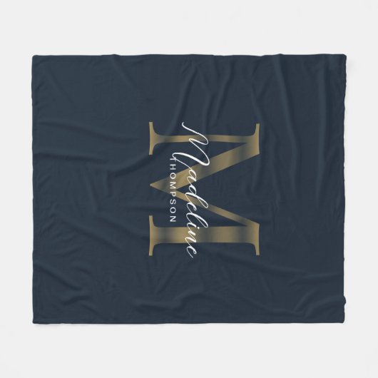 Elegant Script Metallic Navy Blue Gold Monogram Fleece Deken (Voorkant (Horizontaal))