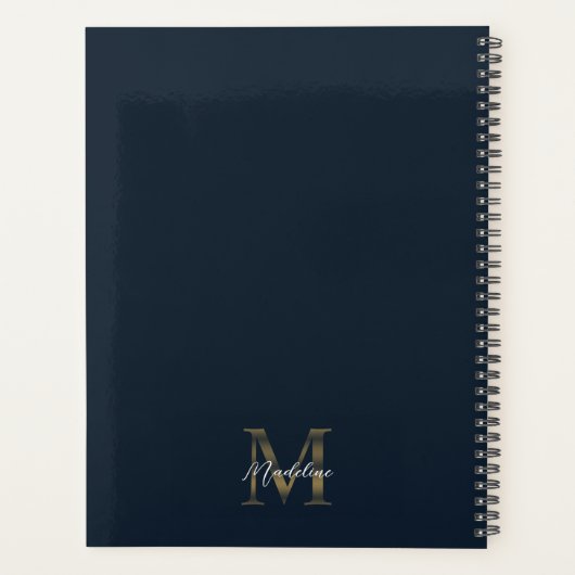 Elegant Script Metallic Navy Blue Gold Monogram Planner (Achterkant)