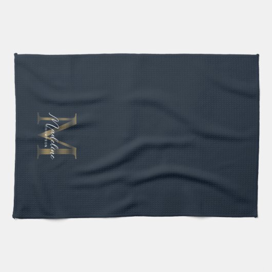 Elegant Script Metallic Navy Blue Gold Monogram Theedoek (Horizontaal)