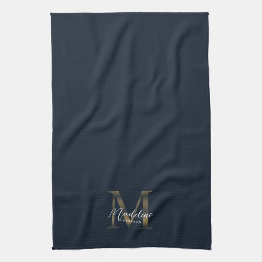 Elegant Script Metallic Navy Blue Gold Monogram Theedoek (Verticaal)