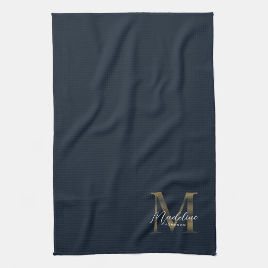 Elegant Script Metallic Navy Blue Gold Monogram Theedoek (Verticaal)
