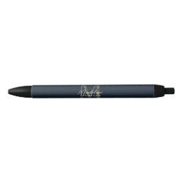 Elegant Script Metallic Navy Blue Gold Monogram Zwarte Inkt Pen