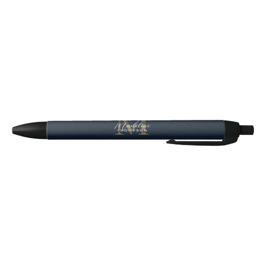 Elegant Script Metallic Navy Blue Gold Monogram Zwarte Inkt Pen (Bodem)
