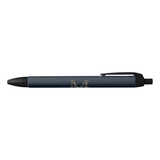 Elegant Script Metallic Navy Blue Gold Monogram Zwarte Inkt Pen (Bovenkant)