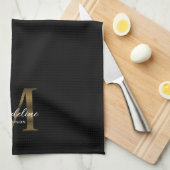 Elegant Script Metallic Zwart en Goud Monogram Theedoek (Quarter Fold)