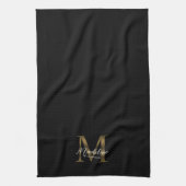 Elegant Script Metallic Zwart en Goud Monogram Theedoek (Verticaal)