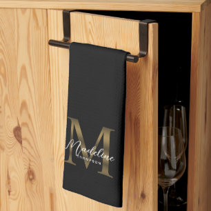 Elegant Script Metallic Zwart en Goud Monogram Theedoek