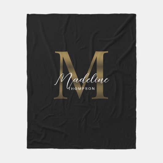 Elegant Script Metallic Zwart Goud Monogram Fleece Deken (Voorkant)
