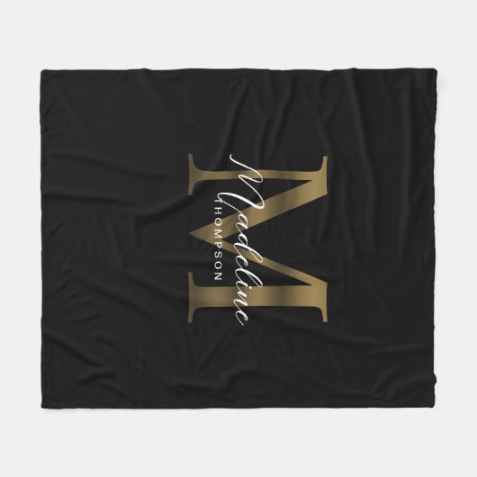 Elegant Script Metallic Zwart Goud Monogram Fleece Deken (Voorkant (Horizontaal))