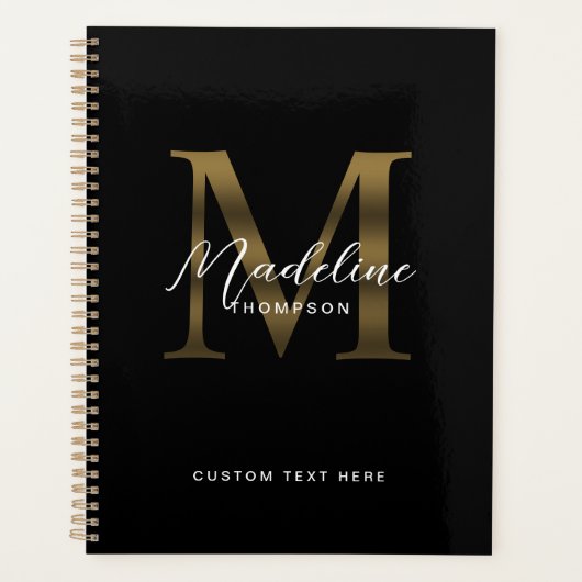 Elegant Script Metallic Zwart Goud Monogram Planner (Voorkant)