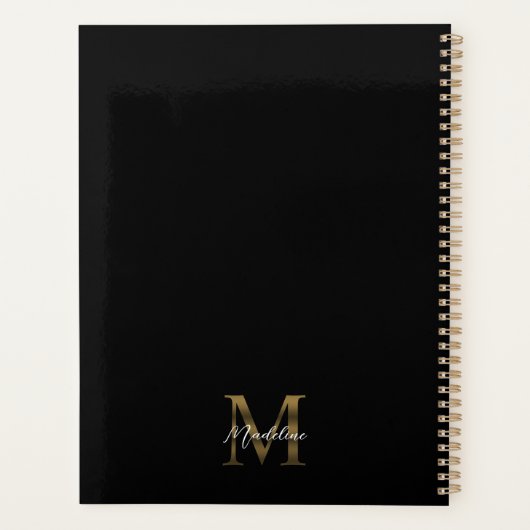 Elegant Script Metallic Zwart Goud Monogram Planner (Achterkant)