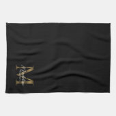 Elegant Script Metallic Zwart Goud Monogram Theedoek (Horizontaal)