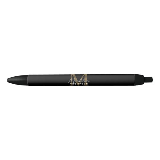 Elegant Script Metallic Zwart Goud Monogram Zwarte Inkt Pen (Voorkant)