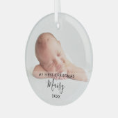 Elegant Script Mijn Eerste Kerst Baby Foto Glas Ornament (Voorkant links)