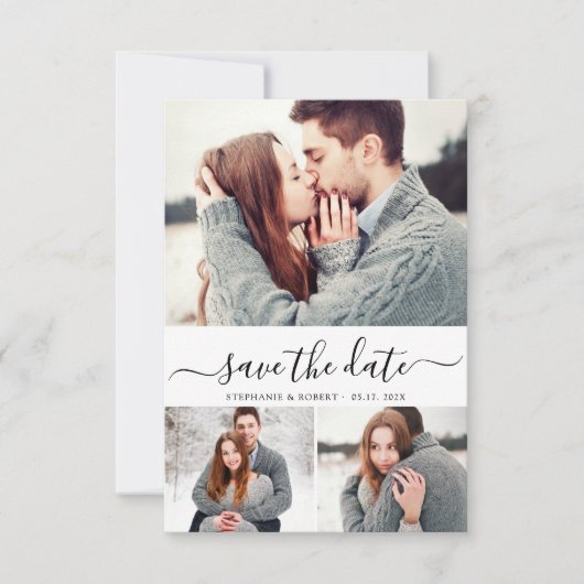 Elegant Script Minimaal 3 Fotocollage Bruiloft Save The Date (Voorkant)