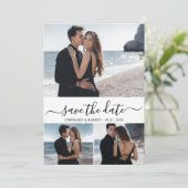 Elegant Script Minimaal 3 Fotocollage Bruiloft Save The Date (Staand voorkant)