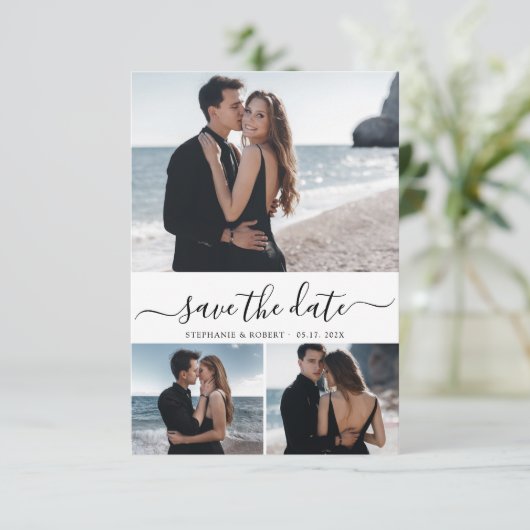 Elegant Script Minimaal 3 Fotocollage Bruiloft Save The Date (Staand voorkant)