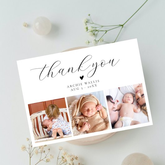 Elegant Script Minimal Photo Collage Baby shower Bedankkaart