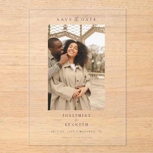 Elegant Script Minimal Photo Wedding Sla de datum  Acryl Uitnodigingen (Voorkant)