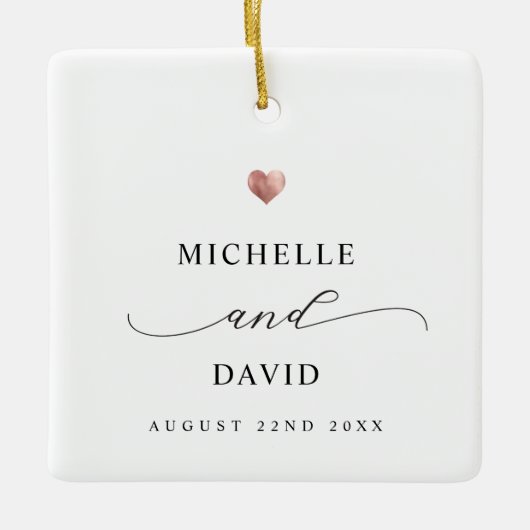 Elegant Script Minimal Roos Gold Heart Wedding Keramisch Ornament (Voorkant)