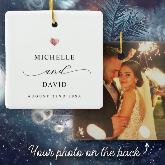 Elegant Script Minimal Roos Gold Heart Wedding Keramisch Ornament