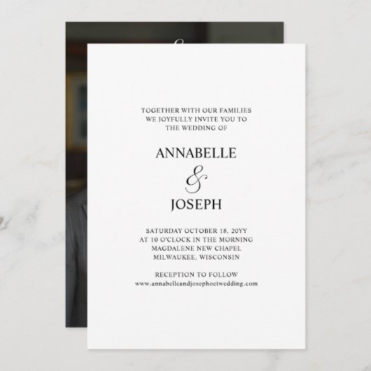 Elegant Script Minimale Formele Witte Foto Bruilof Kaart (Voorkant / Achterkant)