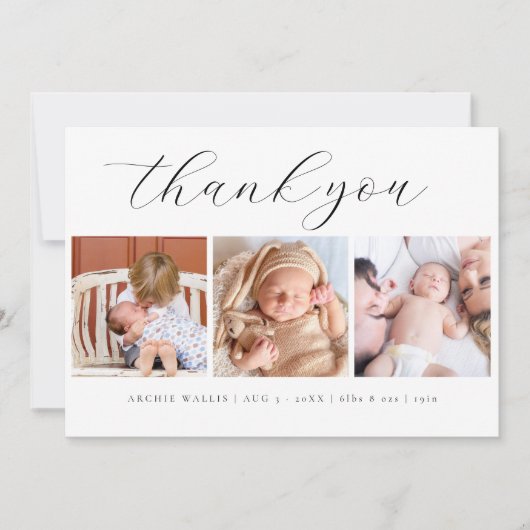 Elegant Script minimalist 3 foto nieuwe baby Bedankkaart (Voorkant)