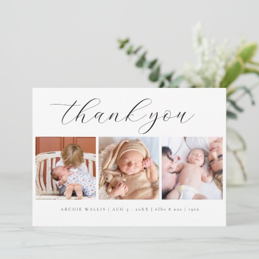 Elegant Script minimalist 3 foto nieuwe baby Bedankkaart (Staand voorkant)