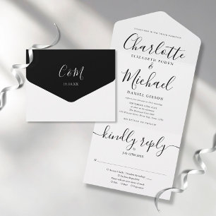 Elegant Script Minimalist Black and White Wedding All In One Uitnodiging