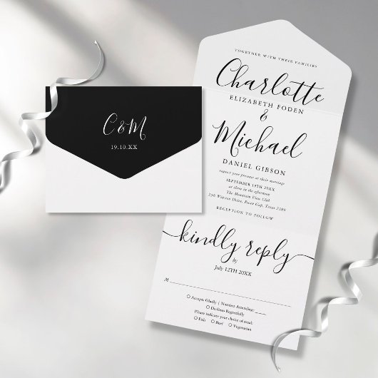 Elegant Script Minimalist Black and White Wedding All In One Uitnodiging