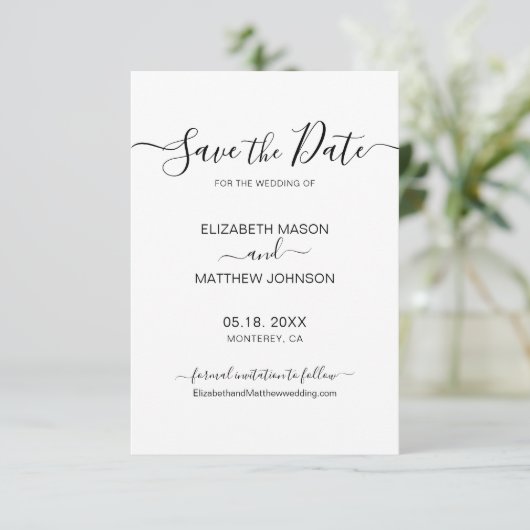 Elegant Script Minimalist Black and White Wedding Save The Date (Staand voorkant)