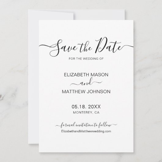 Elegant Script Minimalist Black and White Wedding Save The Date (Voorkant)