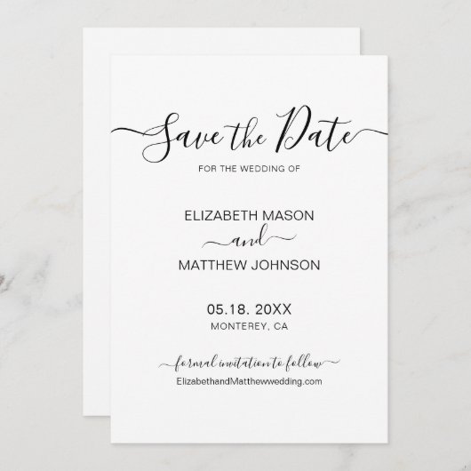 Elegant Script Minimalist Black and White Wedding Save The Date (Voorkant / Achterkant)