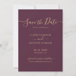 Elegant Script Minimalist Burgundy Gold Wedding Save The Date