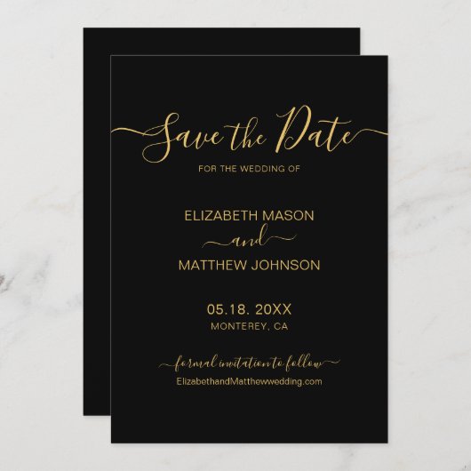 Elegant Script Minimalist Gold and Black Wedding Save The Date (Voorkant / Achterkant)