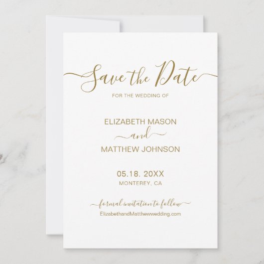 Elegant Script Minimalist Gold and White Wedding Save The Date (Voorkant)
