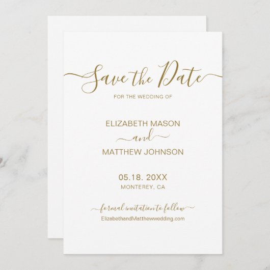 Elegant Script Minimalist Gold and White Wedding Save The Date (Voorkant / Achterkant)