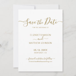 Elegant Script Minimalist Gold and White Wedding Save The Date