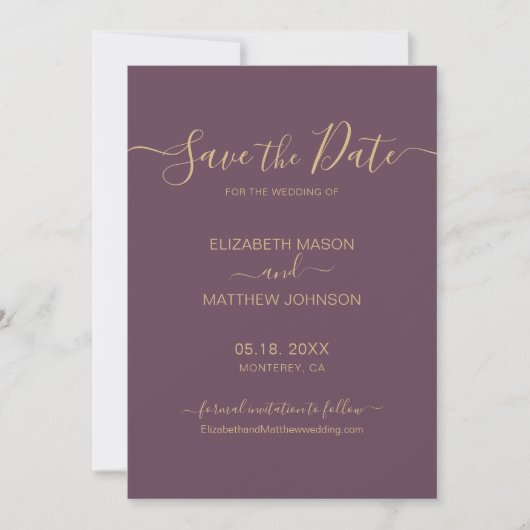 Elegant Script Minimalist Mauve and Gold Wedding Save The Date (Voorkant)
