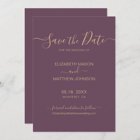Elegant Script Minimalist Mauve and Gold Wedding Save The Date (Voorkant / Achterkant)