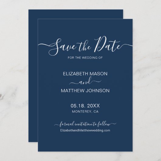 Elegant Script Minimalist Navy and White Wedding Save The Date (Voorkant / Achterkant)
