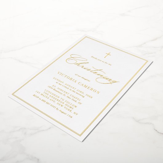 Elegant Script Minimalist Photo Christening Folie Uitnodiging (Gedraaid)