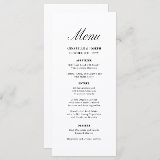 Elegant Script minimalistisch formeel wit bruiloft Menu (Voorkant / Achterkant)