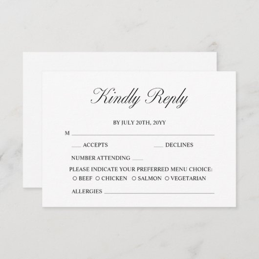 Elegant Script minimalistisch formeel wit bruiloft RSVP Kaartje (Voorkant / Achterkant)