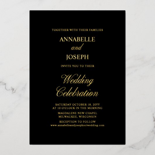 Elegant Script minimalistisch formeel zwart bruilo Folie Uitnodiging (Voorkant)