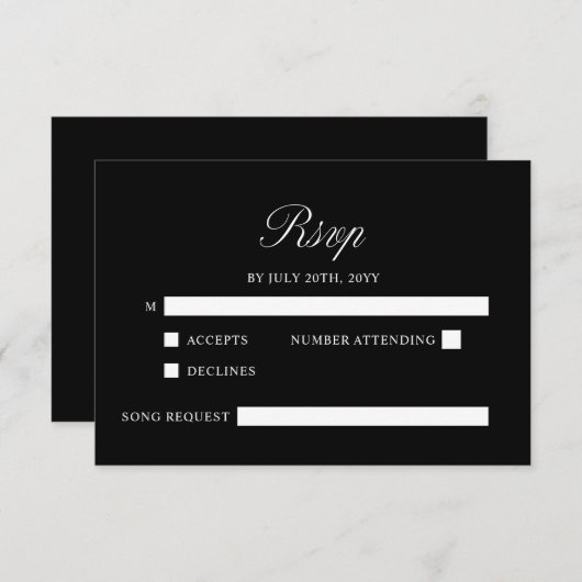 Elegant Script minimalistisch formeel zwart bruilo RSVP Kaartje (Voorkant / Achterkant)