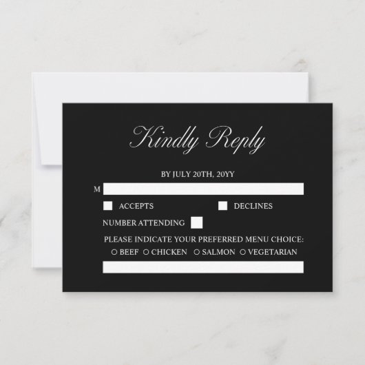 Elegant Script minimalistisch formeel zwart bruilo RSVP Kaartje (Voorkant)